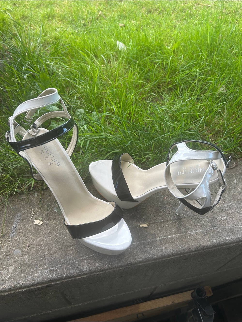 Nina Black and White Patent Platform Ankle-Strap Heels